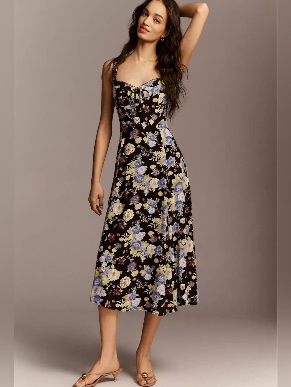Anthropologie Maeve Black Floral Lace Trim Tie Front Midi Dress XL